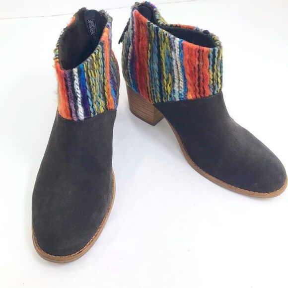 Toms LEILA Chocolate Suede Leather Colorful Textile Zip Back Heeled Ankle Boots - Picture 2 of 13
